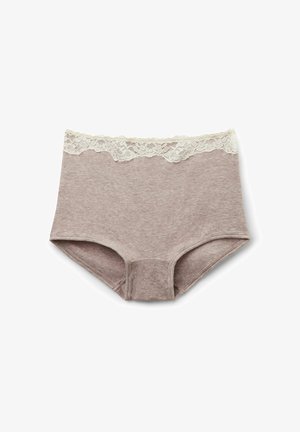 Brown ribbed fabric boyshorts with a scalloped cream lace waistband. Features a comfortable fit and soft texture.