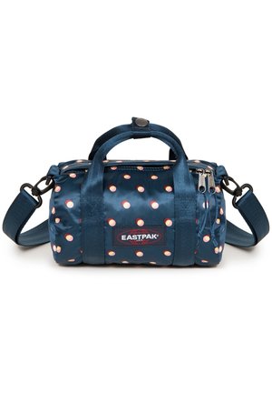 Kleine dunkelblaue Eastpak-Reisetasche mit buntem Polka-Dot-Muster, doppelten Griffen, verstellbarem Schultergurt und Doppelreißverschluss.