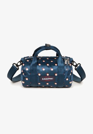 Kleine dunkelblaue Eastpak-Reisetasche mit buntem Polka-Dot-Muster, doppelten Griffen, verstellbarem Schultergurt und Doppelreißverschluss.