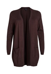 Brun öppen framskjutande cardigan i mjukt material, med långa ärmar, två framfickor och en avslappnad passform. Inga synliga knäppningar.