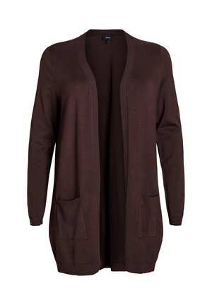 Brown open-front cardigan made of soft fabric, featuring long sleeves, two front pockets, and a relaxed fit. No fastenings visible.