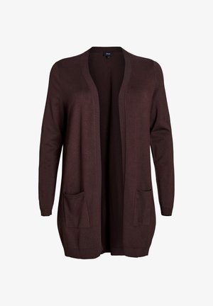 Bakerna kardigana odprtega tipa iz mehke tkanine, z dolgimi rokavi, dvema sprednjima žepoma in sproščenim krojem. Brez vidnih zakovic.