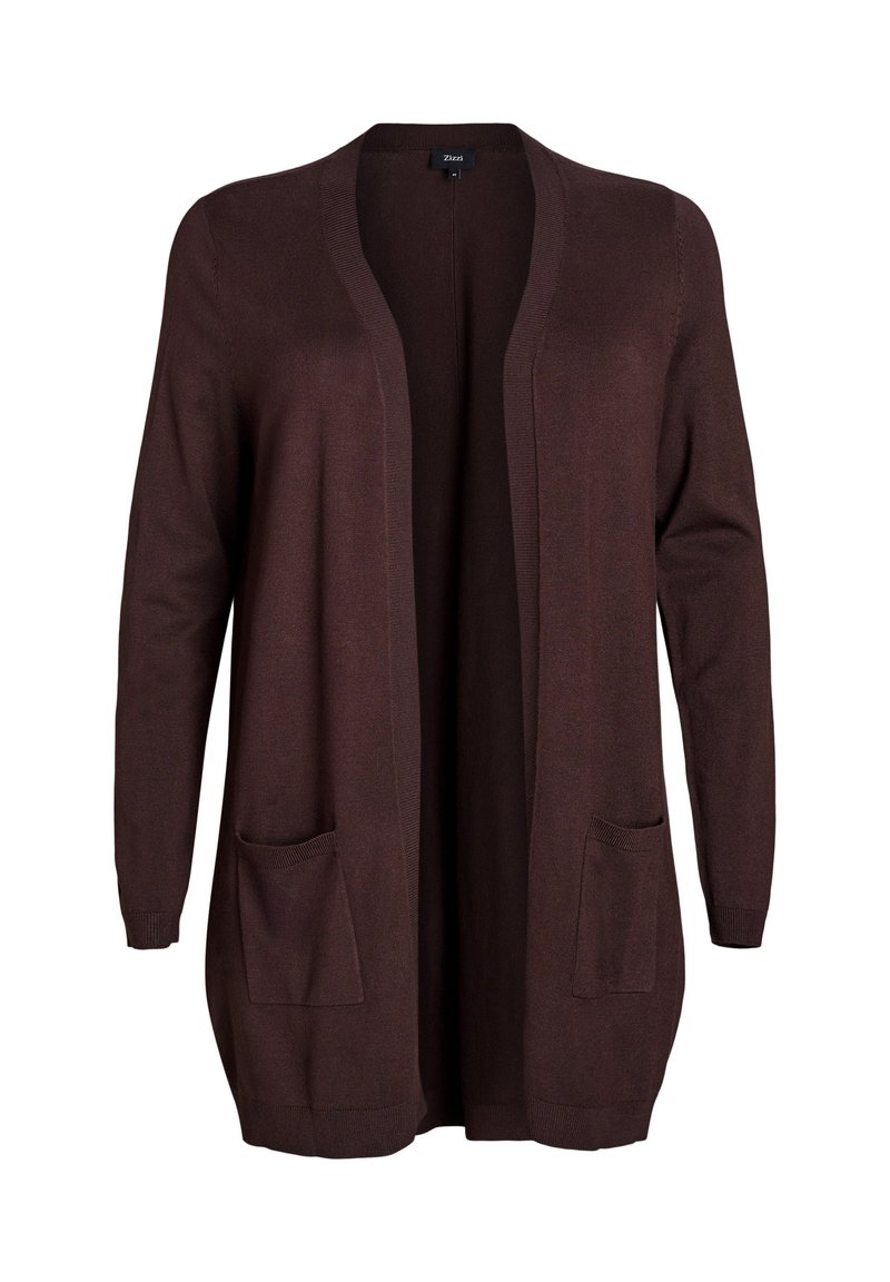 Brun öppen framskjutande cardigan i mjukt material, med långa ärmar, två framfickor och en avslappnad passform. Inga synliga knäppningar.