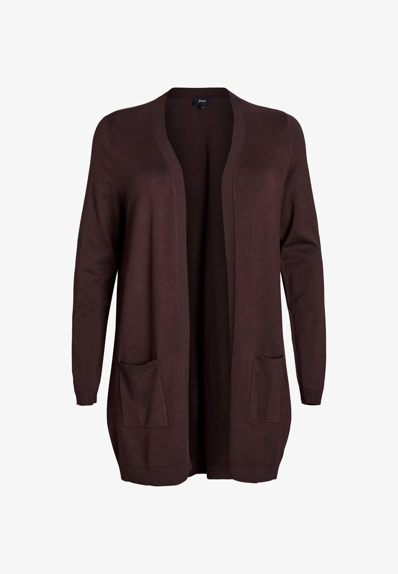 Braune offene Strickjacke aus weichem Stoff, mit langen Ärmeln, zwei vorderen Taschen und einer lockeren Passform. Keine sichtbaren Verschlüsse.