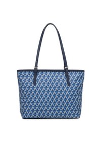 Sac fourre-tout à motifs bleus avec un design géométrique, comportant une finition texturée, deux poignées robustes et une bordure contrastante.