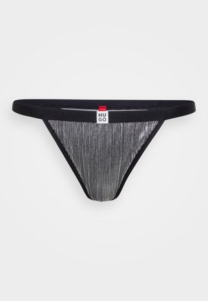 Svart thong med elastisk midjebånd og sølvstriper. Har en liten rød og hvit logoetikett foran i midten.