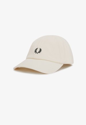 Cappellino da baseball in cotone color bianco sporco con visiera curva e un piccolo logo corona d'alloro nero ricamato al centro anteriore.