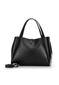Bolso tote de cuero negro con una textura suave, forma cónica y asas planas dobles. Incluye una correa desmontable con herrajes de metal.