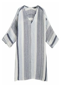 Robe légère à rayures bleues et blanches avec un col en V, des manches trois-quarts et une coupe ample. Présente des motifs texturés et des accents contrastants.