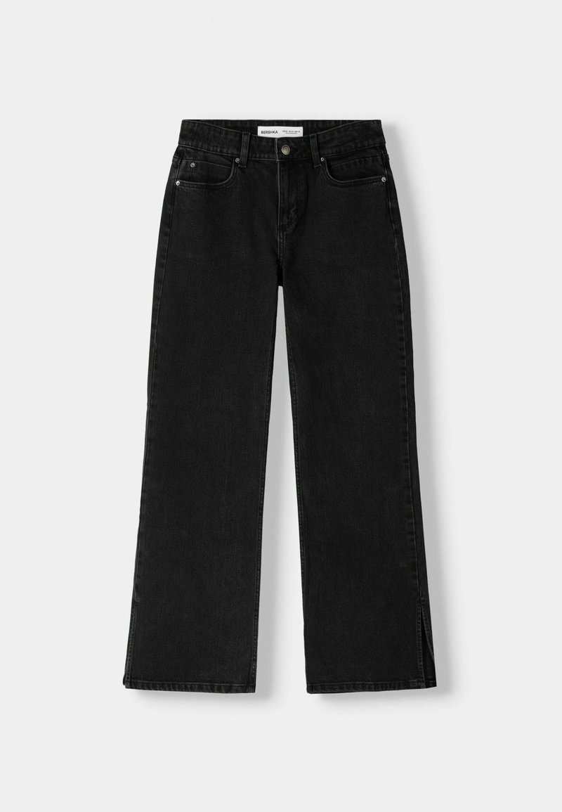 Jeans in denim nero con un design a gamba dritta, caratterizzati da un classico layout a cinque tasche e una chiusura a bottone in vita.