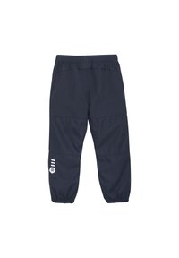 Marineblå vandtætte bukser med elastisk talje, tapered ben og hvidt logo detalje på nederste venstre ben. Glat overflade.