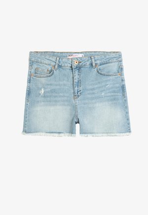 Light blue denim shorts with a frayed hem, distressed details on the front, five pockets, and a single button closure at the waist.