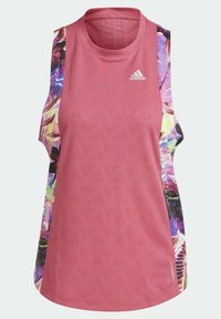 Roze mouwloos sportief tanktop met patroon op de zijkanten, voorzien van een ronde hals en textuurdetails in de hoofdstof.