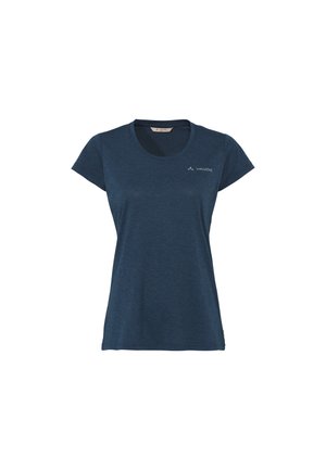 Marineblauw T-shirt met korte mouwen en ronde hals, gemaakt van een gestructureerde stof, met een klein merkembleem op de borst.