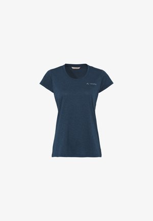 Marineblaues T-Shirt mit kurzen Ärmeln und rundem Halsausschnitt, aus einem strukturierten Stoff gefertigt, mit einem kleinen Markenlogo auf der Brust.