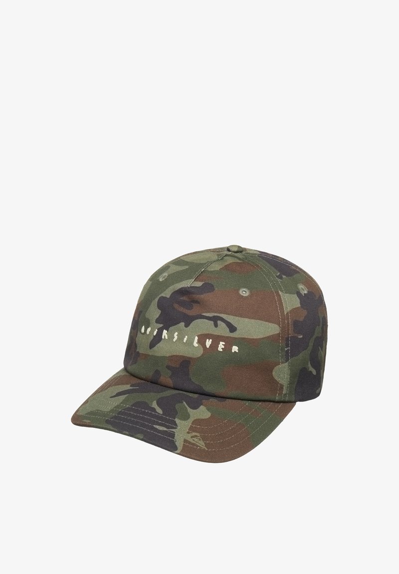 Casquette de baseball camouflage en coton avec une visière incurvée, arborant un texte de marque blanc à l'avant et un motif brodé.