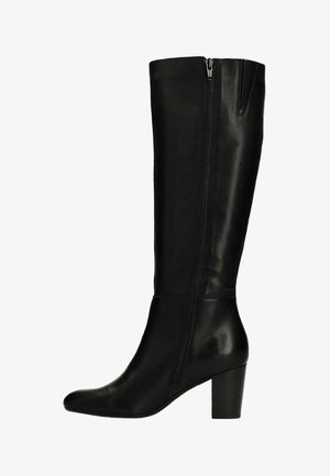 Black leather knee-high boot with side zipper and block heel, smooth finish, and rounded toe.