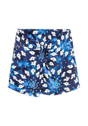 Navy blue shorts with a floral pattern in shades of blue and white. Features a twisted front design and soft, textured fabric.