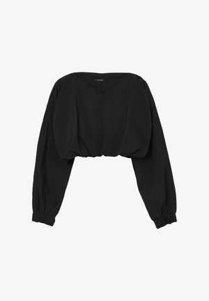 Pullover nero corto con maniche lunghe e a sbuffo, scollatura a V e polsini elasticizzati. Realizzato in un tessuto morbido con una superficie liscia.