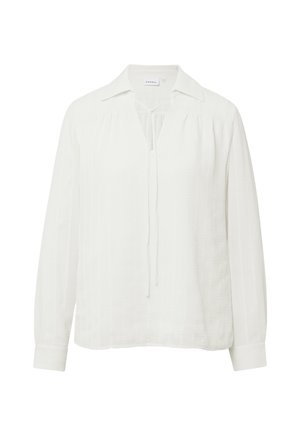 Weißes Bluse mit langen Ärmeln, einem Kragen, einem V-Ausschnitt und einer Kordel. Strukturierter Stoff mit vertikalen Streifen und einer lockeren Passform.