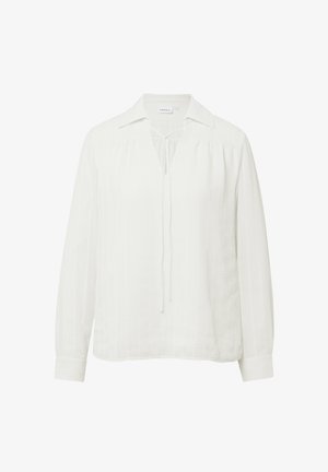 Weißes Bluse mit langen Ärmeln, einem Kragen, einem V-Ausschnitt und einer Kordel. Strukturierter Stoff mit vertikalen Streifen und einer lockeren Passform.