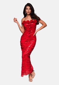Rotes, schulterfreies Kleid mit blumigen Akzenten und glitzernder muschelförmiger Textur, taillierte Silhouette und bodenlanger Schnitt.