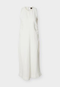 Λευκό midi φόρεμα χωρίς μανίκια με στρογγυλή λαιμόκοψη, ίσια γραμμή, πλευρικές ραφές και πίσω κλείσιμο με φερμουάρ.