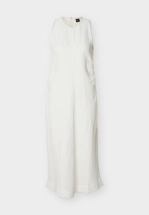 Bela midi obleka brez rokavov z okroglim izrezom, ravnim krojem, stranskimi šivi in zadnjim zadrgo.