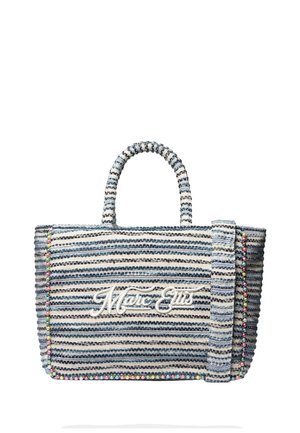 Sac fourre-tout tissé bleu et blanc rayé avec deux poignées et "Marc Ellis" brodé sur le devant, décoré de perles colorées le long des bords.