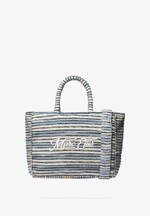 Sac fourre-tout tissé bleu et blanc rayé avec deux poignées et "Marc Ellis" brodé sur le devant, décoré de perles colorées le long des bords.