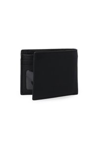 Czarny skórzany portfel o gładkiej fakturze, z dwuklapowym designem, wieloma przegródkami na karty oraz przezroczystym okienkiem na dowód osobisty z jednej strony.