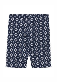 Marineblauwe shorts met een wit ruitpatroon, gemaakt van een gestructureerde stof, met een elastische tailleband en een knielange snit.