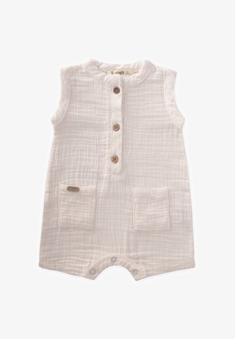 Mono de bebé de muselina blanca con diseño sin mangas, cierre frontal con botones, dos bolsillos delanteros y broches a presión en la parte inferior.