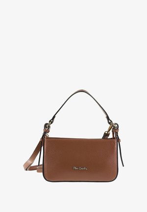 Brown leather crossbody bag with a textured surface, featuring a short handle, gold hardware, and contrasting black edging.