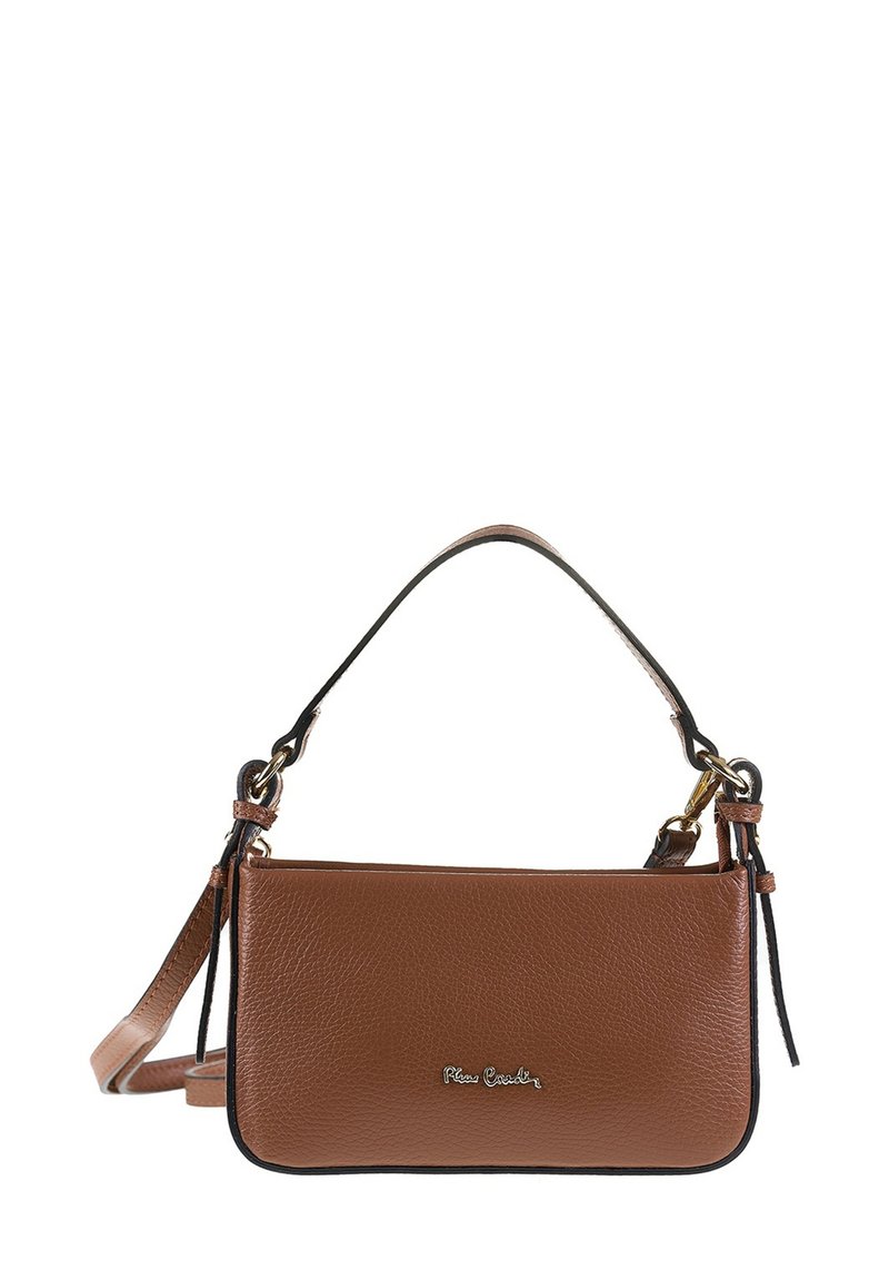 Borsa a tracolla in pelle marrone con superficie testurizzata, dotata di una maniglia corta, hardware dorato e bordi neri a contrasto.