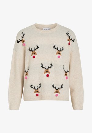 Krēmkrāsas džemperis ar pūkainu tekstūru, apaļu kakla izgriezumu un ziemeļbriežu motīviem ar melnām ragiem, rozā pomponiem un sarkaniem deguniem.