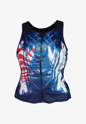 Blauwe mouwloze top met ritssluiting, voorzien van abstracte witte en rode grafische patronen. Gemaakt van glad, rekbaar materiaal met een aansluitend ontwerp.