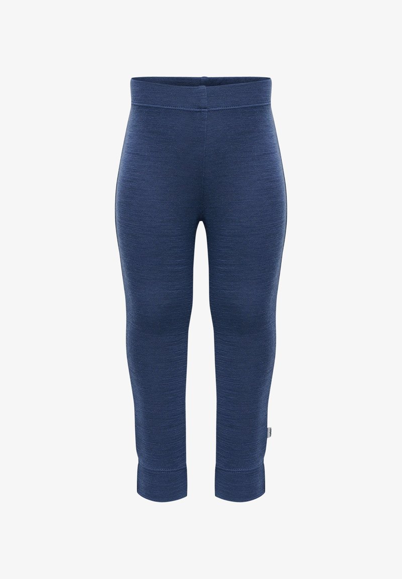 Granatowe legginsy wykonane z teksturowanej tkaniny, o dopasowanym kroju, wysokim pasie i zwężających się mankietach przy kostkach.