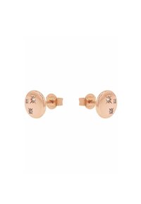 Orecchini a seguire in oro rosa, forma circolare, tre pietre preziose trasparenti incastonate, superficie liscia, chiusura a pendente sicura.