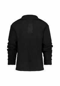 Zwarte fleece jack met een textuur oppervlak, voorzien van lange mouwen en een kraag. De achterkant toont een subtiele gegraveerde "SR" logo.