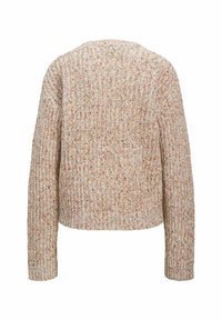 Stickad tröja i mjuk beige med flerfärgade inslag. Tjock textur, rund halsringning, kort design och långa ärmar.