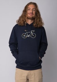 Marineblaues Hoodie aus Baumwollmischung mit einem weißen Fahrrad-Graphic auf der Vorderseite. Kängurutasche und Kapuze mit Kordelzug.