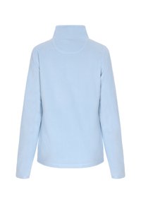 Lyseblå fleecepullover med høj hals, lange ærmer, glat tekstur og et enkelt design. Ingen synlige logoer eller udsmykninger.