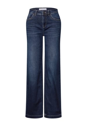 Jean large bleu foncé avec un design classique à cinq poches et une fermeture à bouton à la taille. Fabriqué en denim avec des détails de couture visibles.