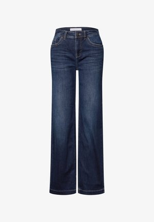 Donkerblauwe wijdvallende jeans met een klassiek vijf-pocket ontwerp en een knoopsluiting bij de taille. Gemaakt van denim met zichtbare stikseldetails.