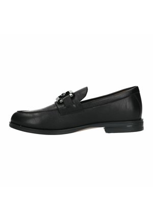 Black leather loafer with a smooth finish, featuring a decorative strap with hardware detail. Low heel and rounded toe design.