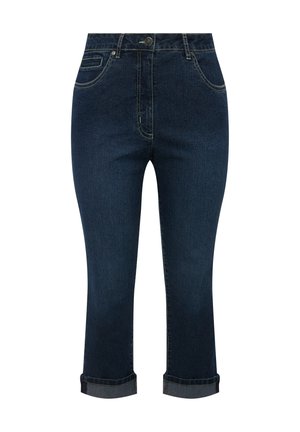 Jeans in denim blu scuro con gamba dritta, orli arrotolati e tasche anteriori. Caratterizzati da una chiusura con bottone e zip, con cuciture a contrasto.