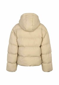 Doudoune beige avec coutures matelassées et capuche fixée, vue de dos.