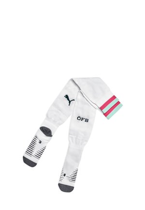 Chaussettes de sport blanches avec bout et talon gris, logo Puma noir, texte "ÖFB" et rayures roses et bleu clair près des poignets.