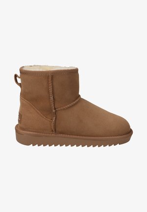 Braune Wildleder-Boots mit einem weichen Kunstfellfutter, gestickten Details und einer strapazierfähigen Gummisohle mit einem Profilmuster.